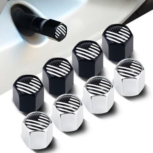 4pcs/set American Flag Valve Stem Cap USA Flag Black Stem Cover Aluminum with Rubber Ring Tire Wheel Rim Dust Cover Fits Cars