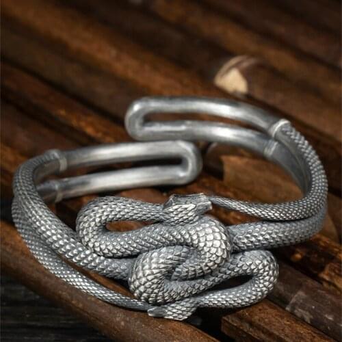 999 STERLING SILVER MENS CUFF BRACELET RIDER BIKER HEAVY SNAKE KING HANDMADE S5881