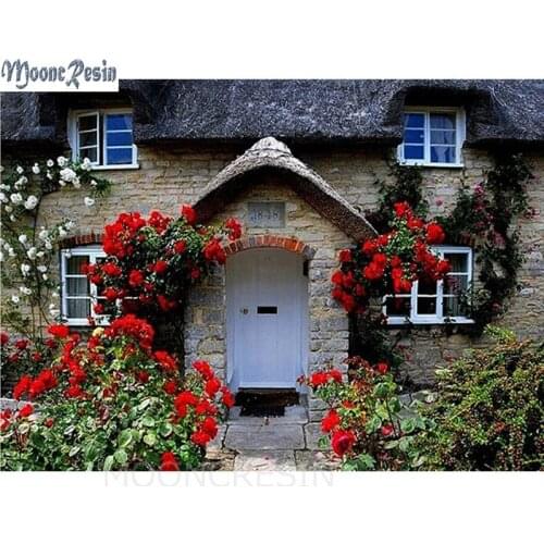 MOONCRESIN Diy Diamond Mosaic Villa Door & Flowers Diamond Painting Cross Stitch Full Round Diamond Embroidery Decoration Kits