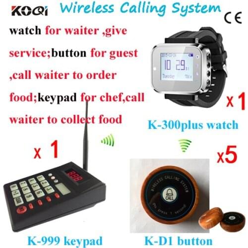 Wireless Waiter Call System for Kitchen Equipment K-999 Numeric Keypad,K-D1 Bells With K-300plus Watch Receiver