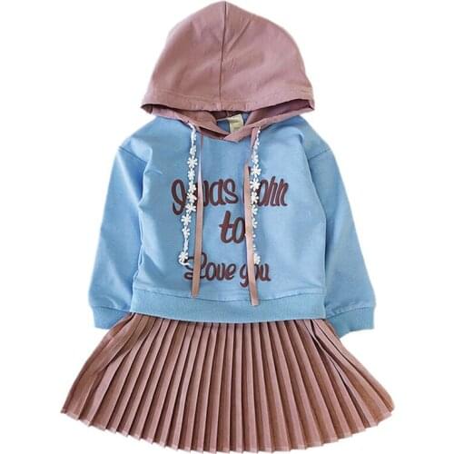 Girls Dresses Autumn New Kids Clothing Girls Fashion Letter Stitching Pleated Long-Sleeved Hooded Dress