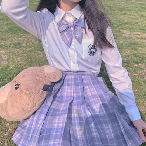 [purple Smoke] Purple Plaid Skirts JK School Uniform Japanese Girls Summer High Waist Pleated Skirts Women Set For Students Girl