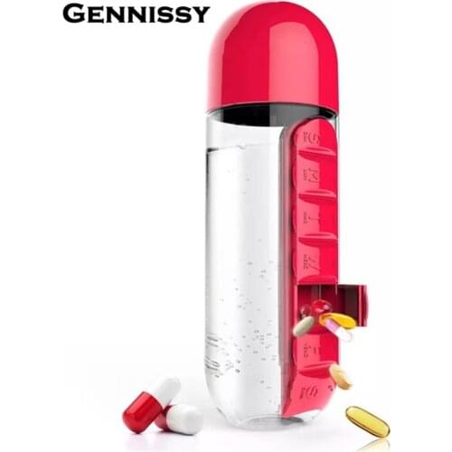GENNISSY 600ML My Water Bottle Sports Combine Daily Pill Box Organizer Drinking Bottles For Water Plastic Leak-Proof Tumbler