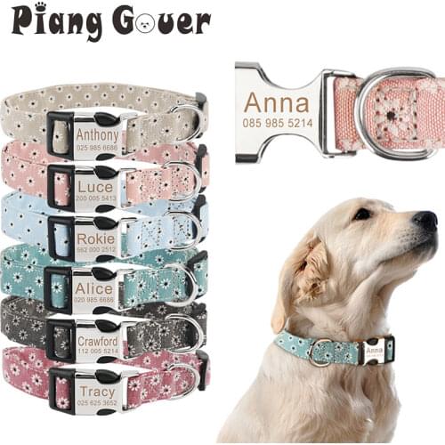 Customized Pet Collar Flower Dog Collar Engraved Tag ID Name Puppy Collars for Small Medium Large Dogs Pug