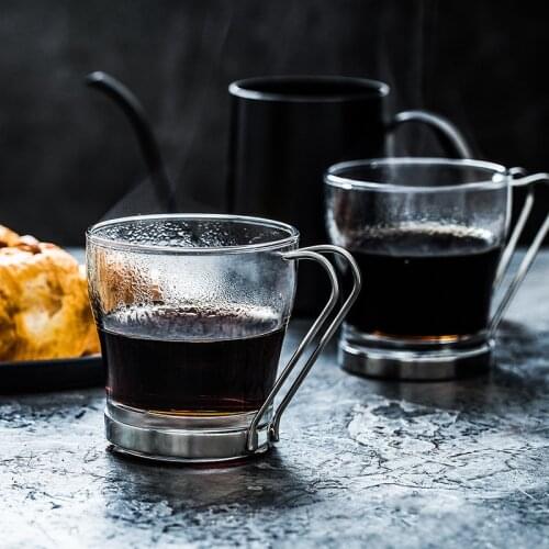 Coffee cup simple European design stainless steel handle lead-free glass mug set tea cup household capccino cup with saucer 2pcs