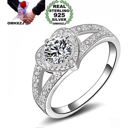 OMHXZJ Wholesale Personality Fashion OL Woman Girl Party Wedding Gift White Heart AAA Zircon 925 Sterling Silver Ring RN143