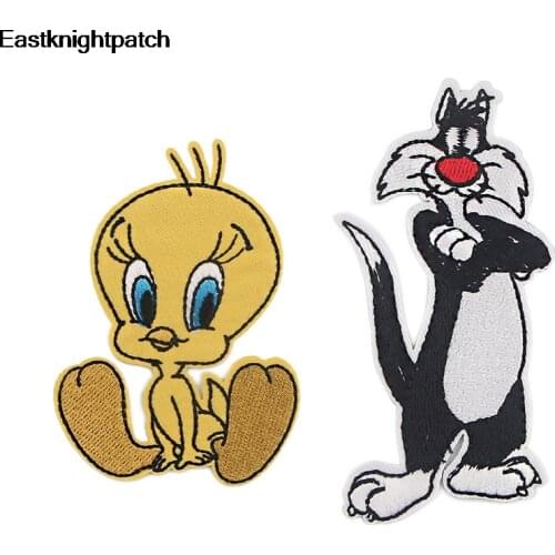 E1715 Cartoon Cat And Bird Iron On Patches Clothing Para Diy Embroidered Badges Sewing Applique Patchworks Stickers