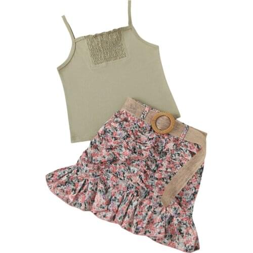 2Pcs Fashion Little Girls Outfit Children Sweet Style Solid Color Suspender Top + Floral Printing Flouncing Short Skirt Set