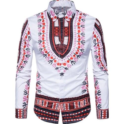 Mens fashion 3D Print solid national wind Long Sleeve Lapel shirt men Casual Shirts plus size M--3XL