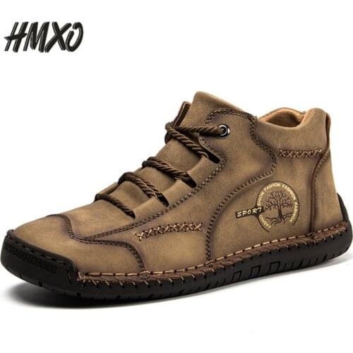 HMXO Autumn High-top British Style Handsome Men Leather Boots Retro Hand-sewn Men Leather Shoes Lace-up Soft Casual Leather Shoe
