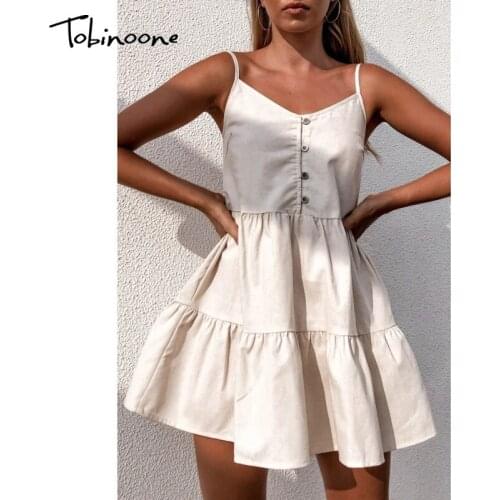 Tobinoone Spaghetti Strap Backless Mini Dresses For Women 2021 V Neck Button Ruffles Sexy Dress Beach Casual Summer Loose Dress