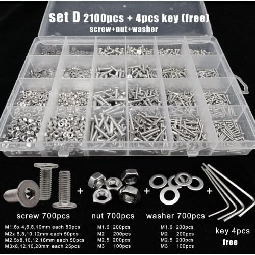 400/650/1140/2100pc M1.6 M2 M2.5 M3 M4 M5 304 Stainless Steel Hexagon Hex Socket Ultra Thin Flat Head Screw Bolt Nut Set Kit Box