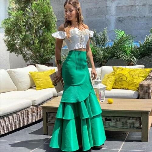 Elegant Green Mermaid Satin Skirts Women To Party Ruffles Tiered Long Female Skirt Zipper Custom Made Maxi Skirt New
