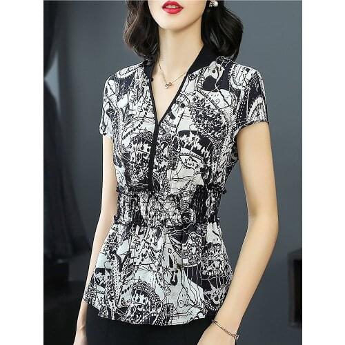 2019 Summer New Fashion Chiffon Womens Short-sleeved Waist V-Neck Commuter Temperament Print Small Shirts