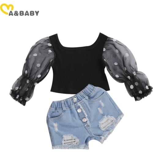 Ma&Baby 1-6Y Toddler Baby Kid Girls Clothes Set Autumn Spring Long Sleeve Lace Puff Sleeve T shirt Denim Shorts Outfits