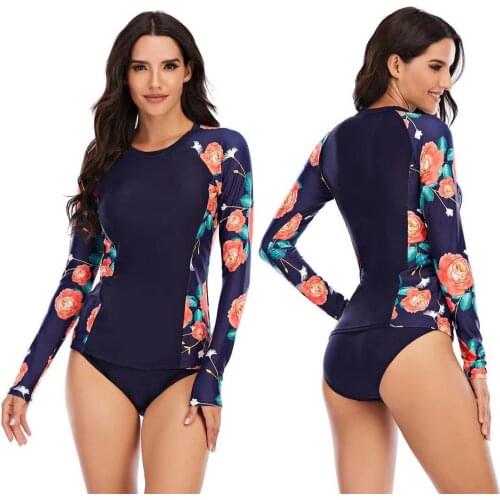 Women Long Sleeve Swimsuit Sun Protection Rash Guard Zipper SwimwearTwo Piece Print Surf Shirt Top Triangle Bottom