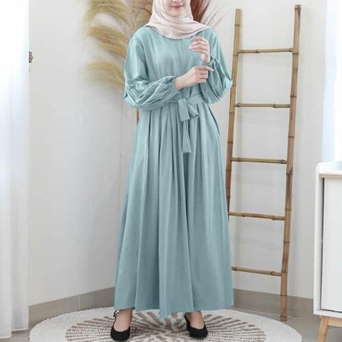 Women Long Sleeve Muslim Dress 2021 Kaftan Abaya Long Shirt Dress Fashion Puff Sleeve Ruffle Maxi Dubai Muslim Fashion Sundress