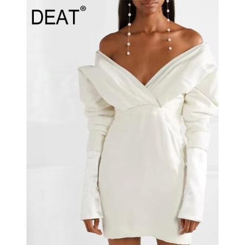 DEAT 2021 Spring Autumn New Fashion V-neck High Waist Lantern Sleeve Long Sleeve Solid Color A-line Casual Womens Dress 3AC455