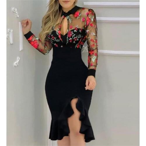 Female Dress Embroidery Ruffles Hem Spring Autumn Sequined Flower Pattern Split Hem Round Neck Slim Dress Female for Wedding