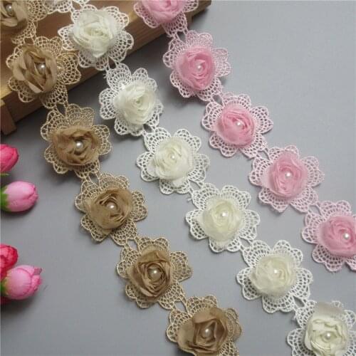 10x 3D Chiffon Pearl Rose Flower Embroidered Lace Trim Ribbon Fabric Patchwork DIY Wedding Dress Sewing Supplies Craft 5.5*5.5cm