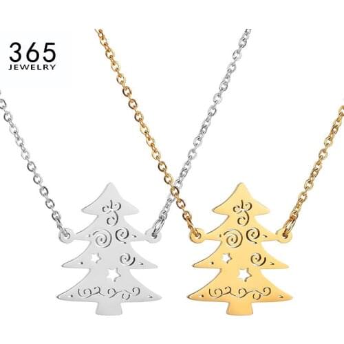 2018 New Design Tiny Stainless Steel Christmas Tree Pendant Necklace Hollow Star Curve Plant Chain Necklace For Women Party Gift