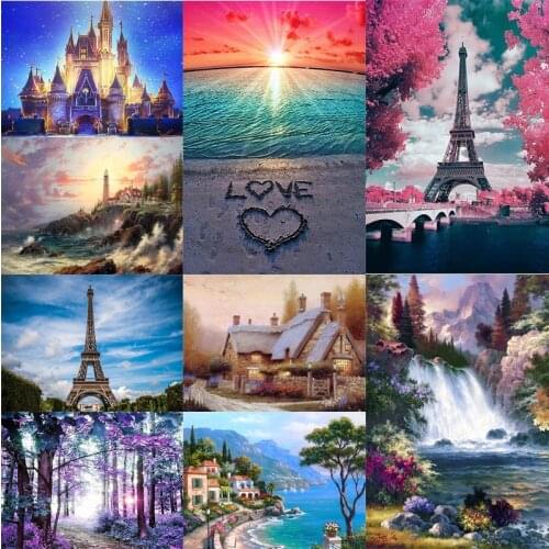 5D DIY Diamond Painting Landscape Sunset Sea Waterfall Castle Eiffel Tower Kit Mosaic Cross Stitch Home Decor Gift