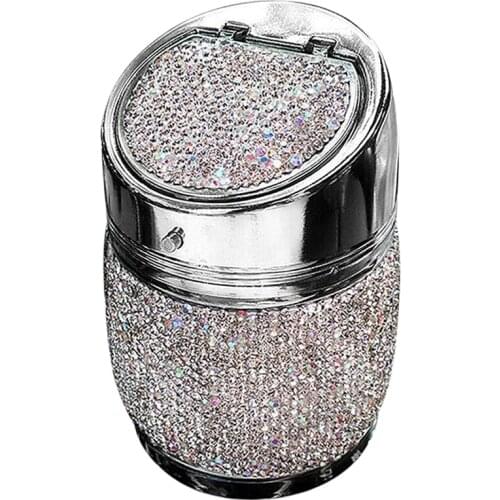 Auto Car Ashtray, Smokeless Stainless Portable Bling Crystal Cylinder Cup Holder with Lid for Car Truck SUV Office