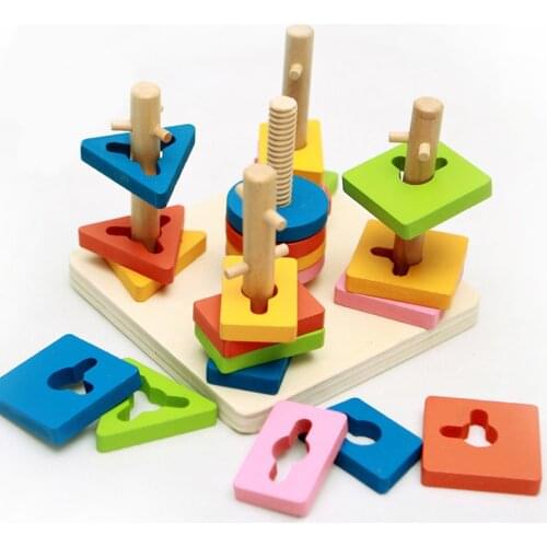 Baby Wooden Toys Materials Educational Geometry 5 Pillar Matching Color Shape Wooden Toy