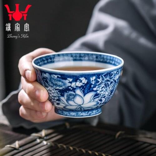 Home trade, one cup cup single master cup of jingdezhen blue and white manually maintain flower is from the small bowl