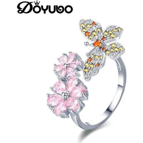 DOYUBO Adjustable Size Copper Rings For Women Pink & Yellow Cubic Zirconia Butterfly And Flower Shape Copper Rings Jewelry EB003