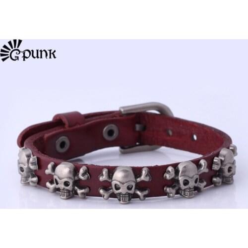 G Punk Rock Style Skeleton Resizable Unisex Cool Bracelet High Quality Genuine Leather Charms Vintage Leather Bracelet H471G