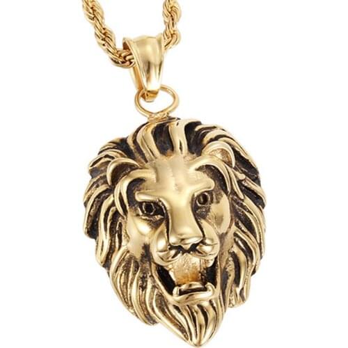 Hot sale Hip Hop Jewelry Big Lion Head Stainless steel Pendant Gold Color Figaro Chain For Men Statement Necklace Collier