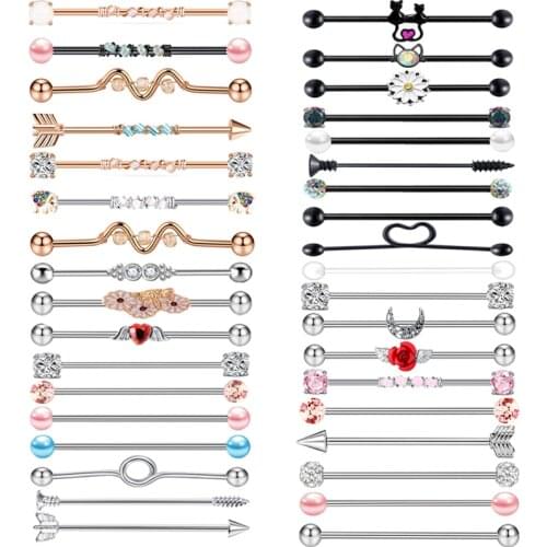 Stainless Steel Crystal Industrial Piercing Set 14G Heart Industrial Bar Piercing Jewelry Pack Gold Arrow Industrial Barbell Lot