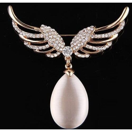 JINGLANG Fashion Gold Color Brooches White Rhinestone Angel Wings Brooches For Women Decoration Jewelry