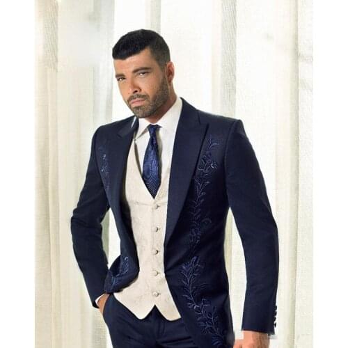 Handsome One Button Groomsmen Peak Lapel Groom Tuxedos Men Suits Wedding/Prom/Dinner Best Man Blazer (Jacket+Pants+Tie+Vest)