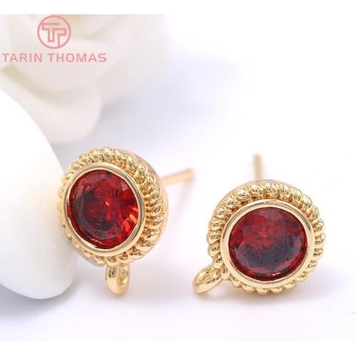 4PCS 8x10MM Hole 2MM 24K Gold Color Plated Brass with Zircon Round Stud Earrings High Quality DIY Jewelry Making Findings