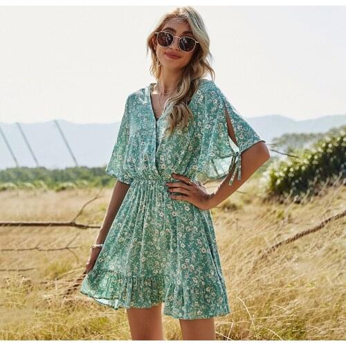 Summer Dress 2021 Women Green Floral Print Boho Ruffles Mini Dress Fashion Hollow Out V neck Flare Sleeve Beach Short Dresses