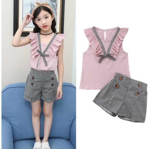 2-7Y Summer Sweet Fashion Toddler Baby Girls Sets Sleeveless Ruffles Pink Vest Tops Plaid Button Shorts Clothes 2PCS