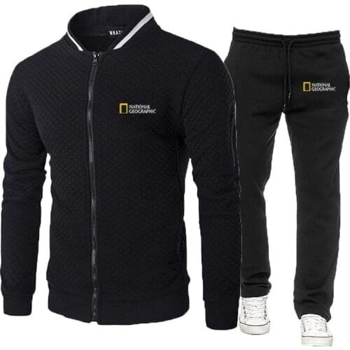 2021 New Mens National-Geographic Print Spring Autumn Survey Expedition Scholar Slim Sweatshirt+Pants Custom Sportwear Suit
