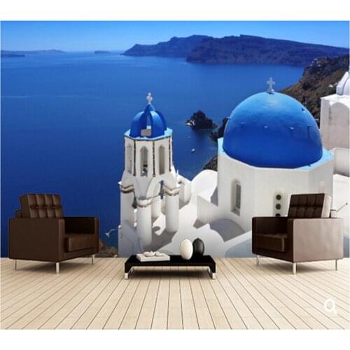 Custom natural landscape wallpaper,Santorini with Traditional Church in Oia,Greece,3D photo for living room restaurant wallpaper