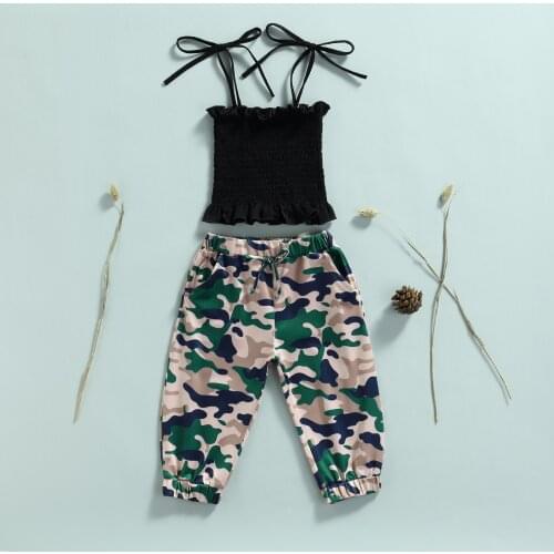 1-6Y Fashion Kids Baby girl Clothing Children Girl Outfits Solid Sleeveless Strap Tops+Camouflage Pants Outfit 2pcs