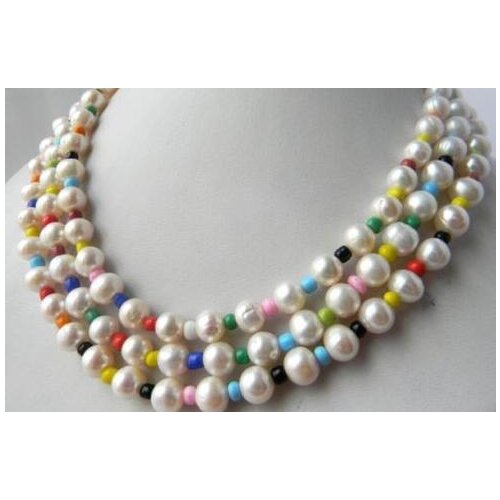 3Strands 9mm White Round Freshwater Pearl Multicolor Glass Necklace