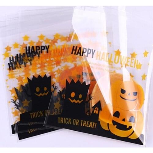 Q1JB 100 Pieces Halloween Candy Biscuit Bag Self Adhesive Cartoon Pumpkin Witch Ghost Print Clear Treat or Trick Packaging Snack