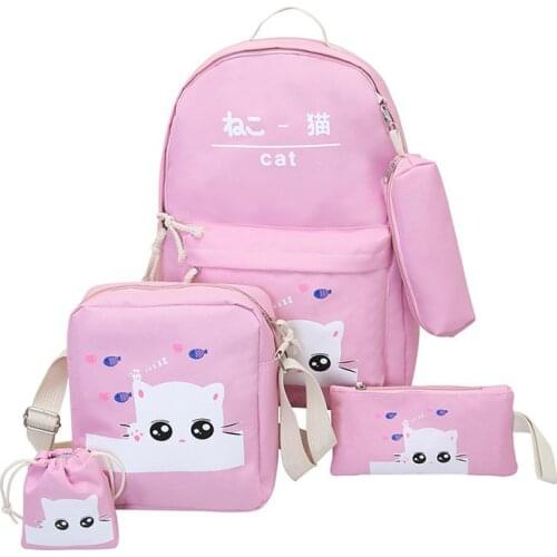 5pcs Fashion Canvas Backpack Schoolbags School For Girls Teenager Casual Children Travel Bags Rucksack Cute Cat Printing Mochila