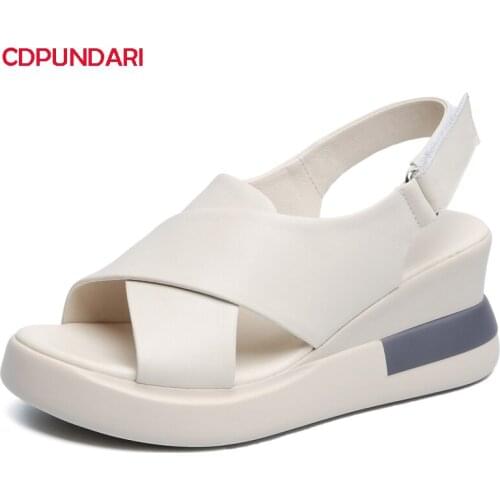 White Black Genuine Leather Wedges Sandals For Women High Heels Platform Sandals Summer Casual Shoes 2021 Sandalias Mujer