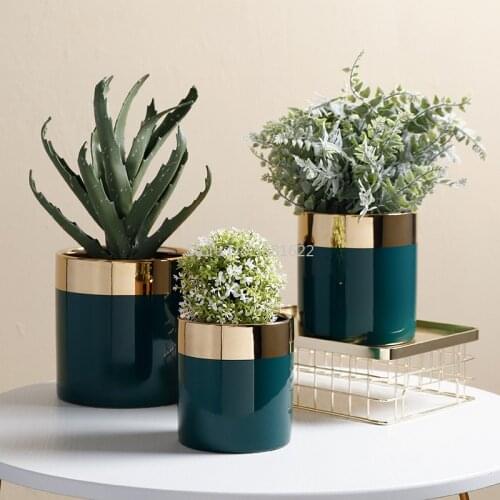 Nordic Light Luxury Phnom Dark Green Ceramic Flower Pot Succulents Pot Vase Ornaments Creative Home Office Decoration