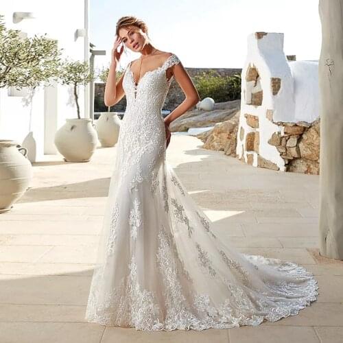 Vestido de Noiva Sereia V-neck Ivory Mermaid Wedding Dresses Appliques Tulle Luxury Abito da Sposa Simple Bruidsjurken