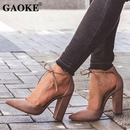 6 Colors Pointed Strappy Pumps Sexy Retro High Thick Heels Shoes 2021 New Woman Shoes Female Lace Up Shoes