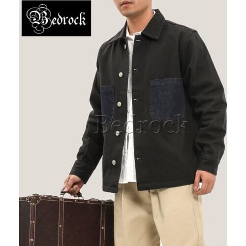 MBBCAR 13OZ vintage washed Raw Denim jacket black splicing indigo denim shirt American casual jacket for Men 3039