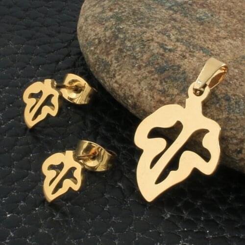 Leaf Stainless Steel Jewelry Sets For Women Gold Color Pendants And Earrings SFAZBLAF